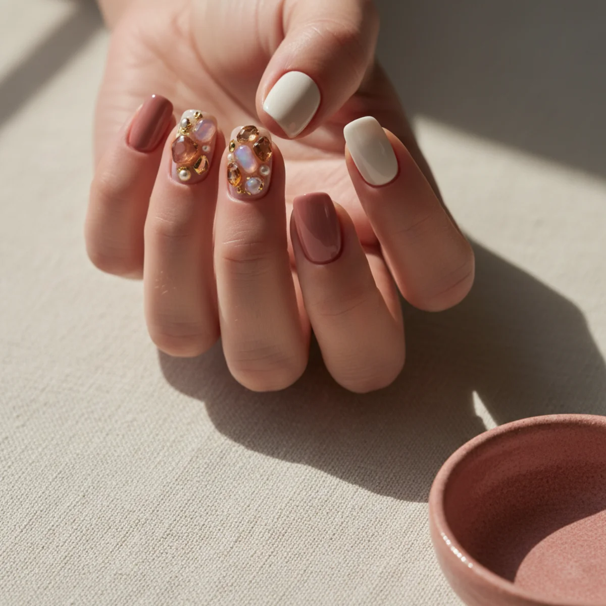 Hand-Painted Leaf Accent — fall nail design ideas
