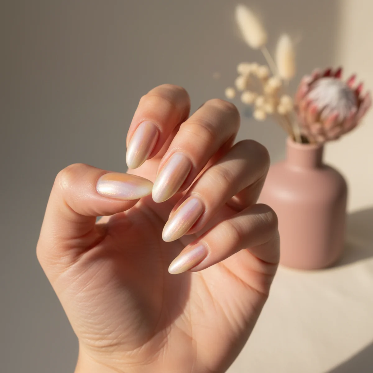 Sheer Olive With Pearl — fall nail design ideas
