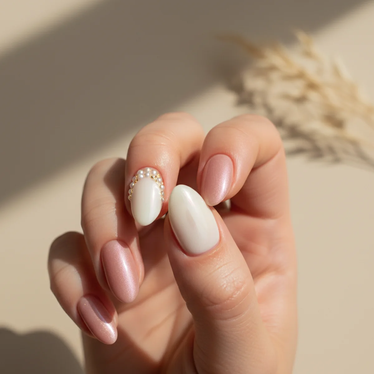 Pearl Half-Moon On Almond — nail design ideas almond shape