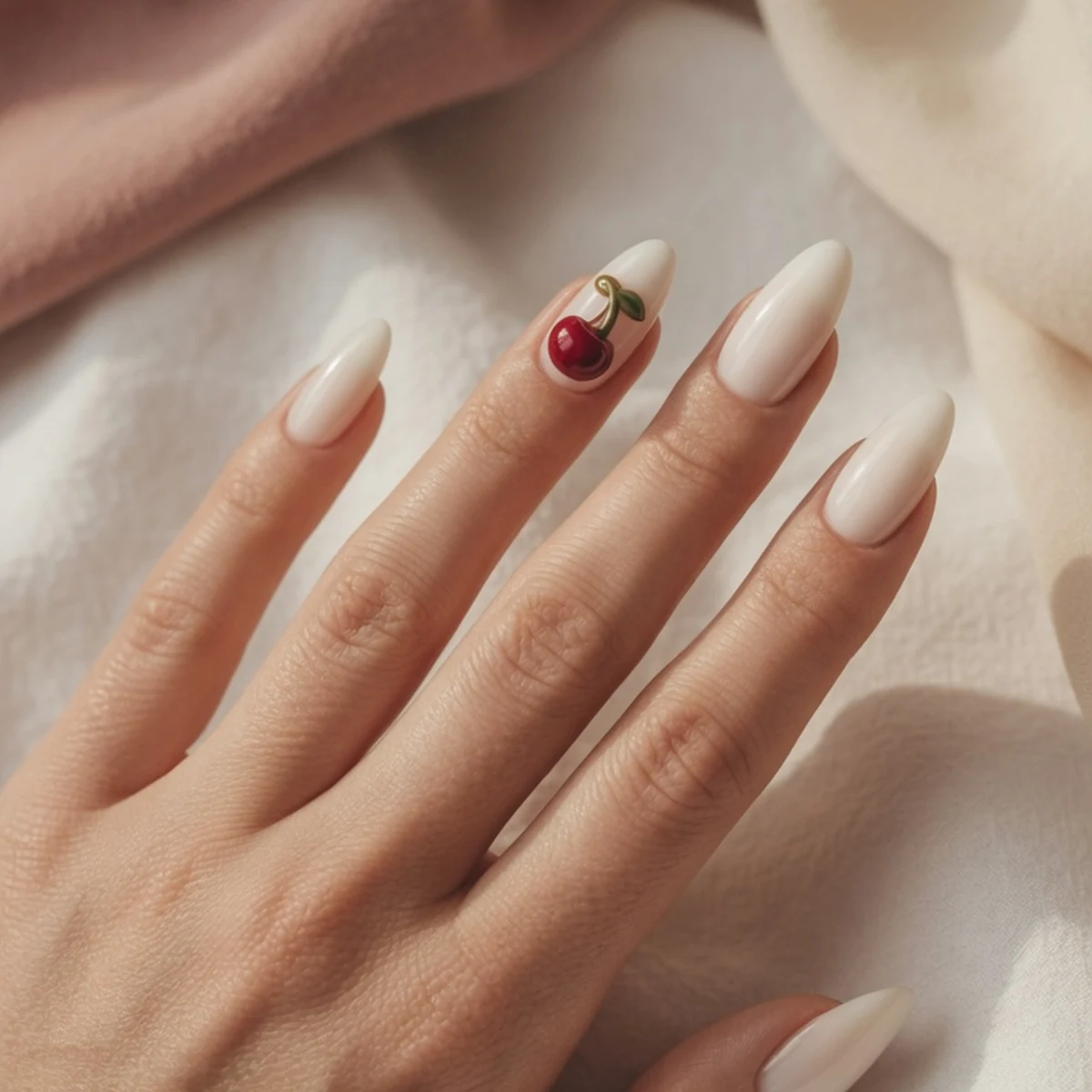 Milky White With Cherry Charm — summer nail design ideas 2026