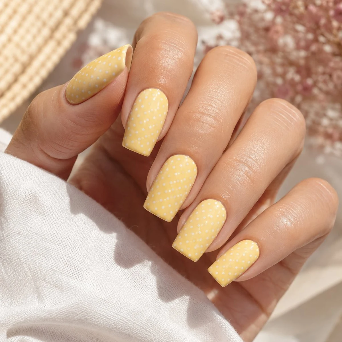 Lemon Yellow Polka — summer nail design ideas 2026