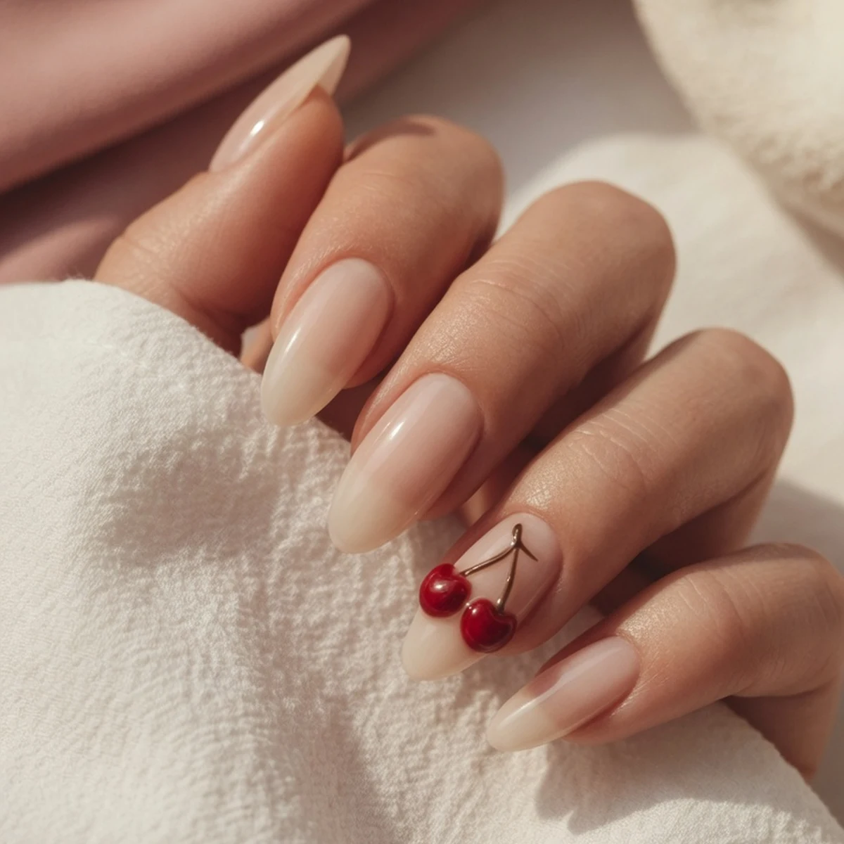 Hand-Painted Cherry Stem — summer nail design ideas 2026