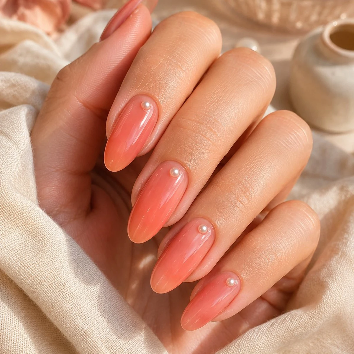 Sheer Coral With Pearl — summer nail design ideas 2026