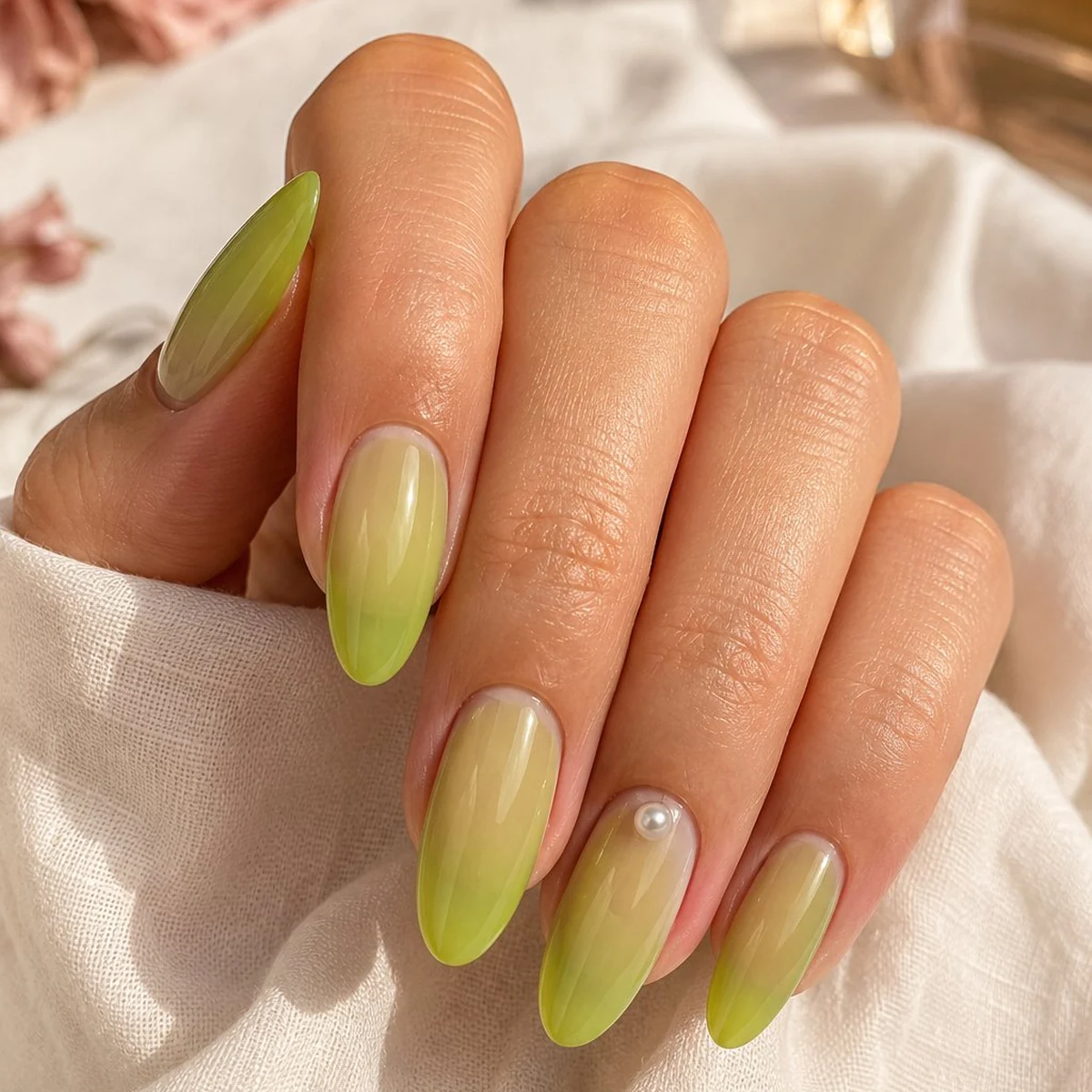 Sheer Lime With Pearl — summer nail design ideas 2026