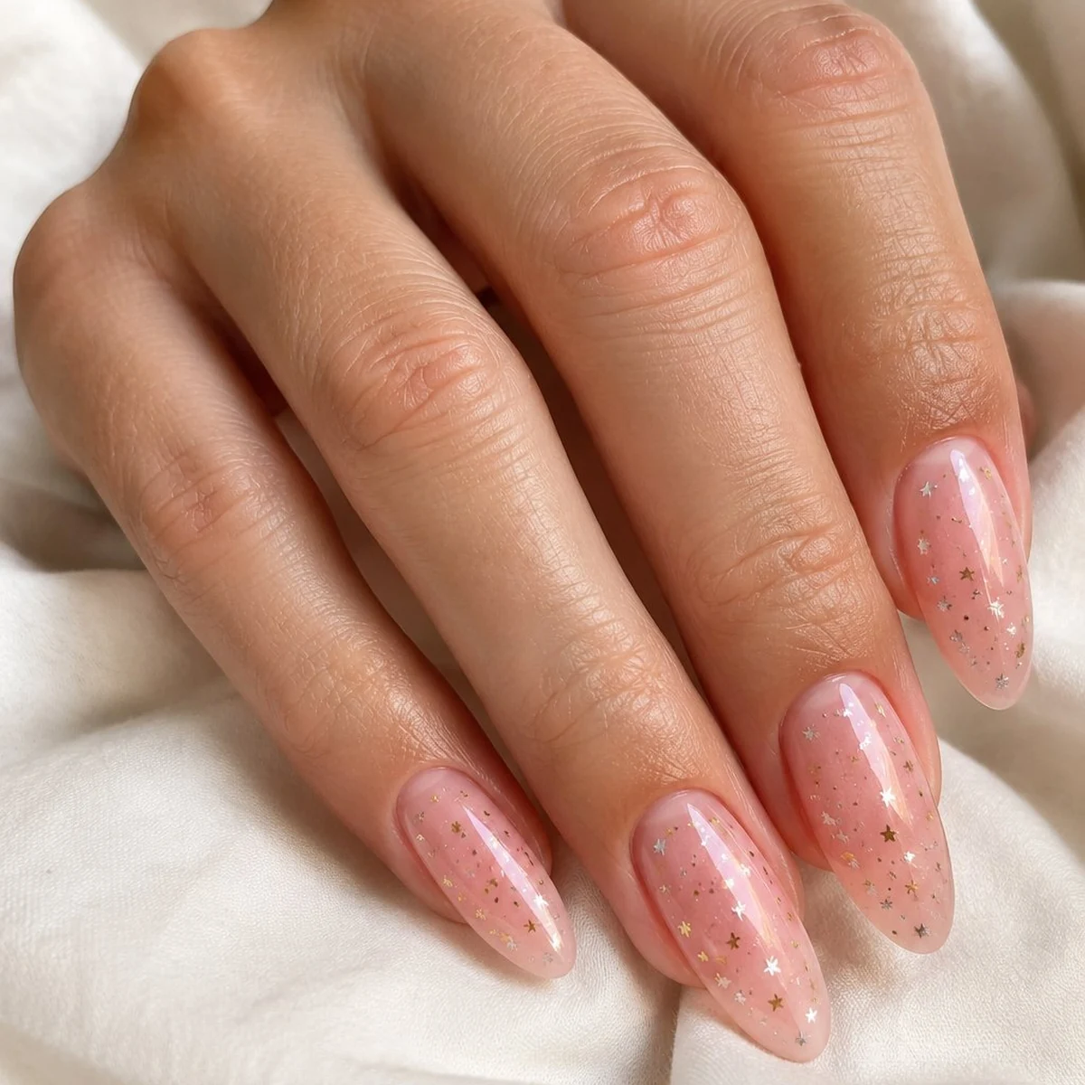 Sheer Pink With Star Confetti — summer nail design ideas 2026