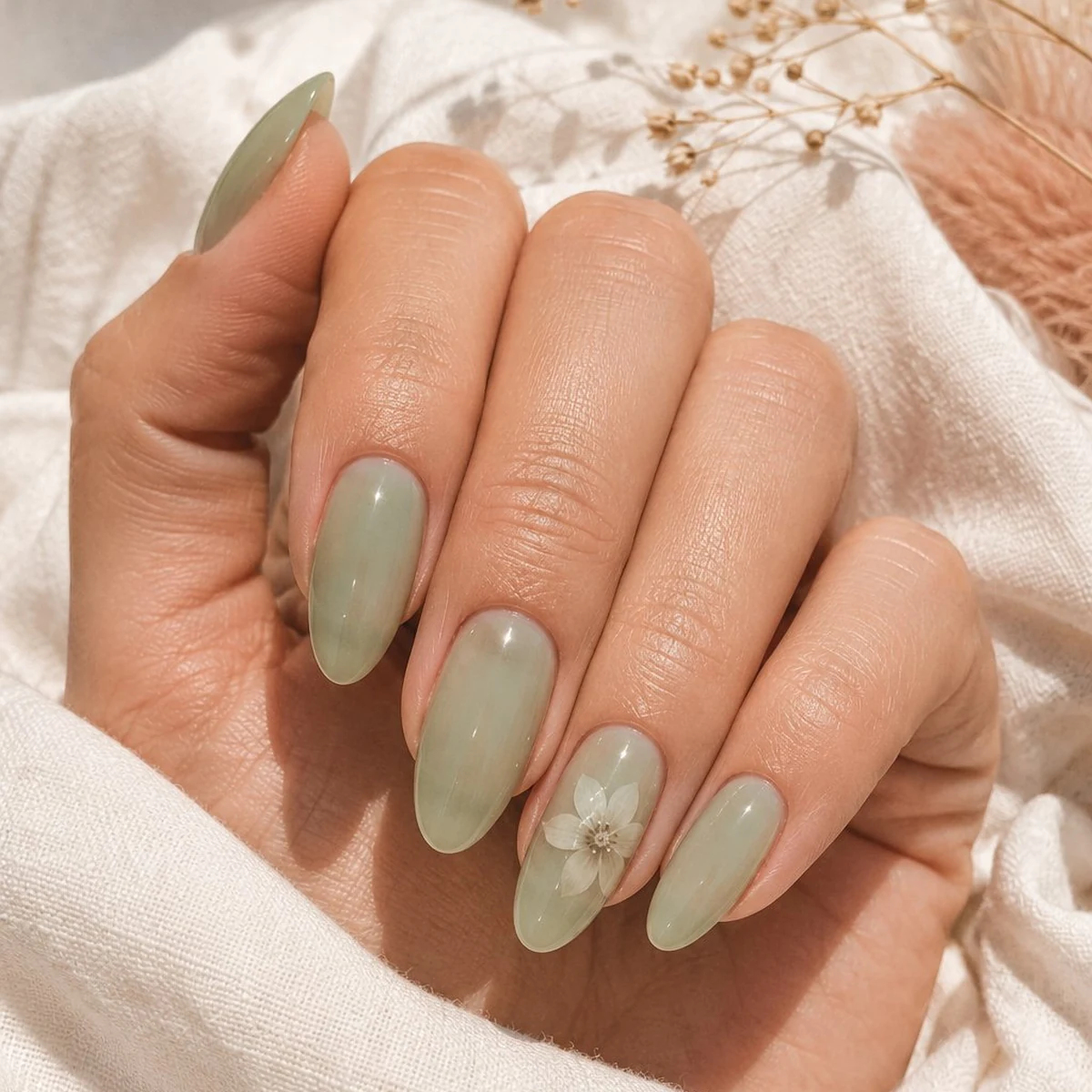 Sheer Green Floral — summer nail design ideas 2026