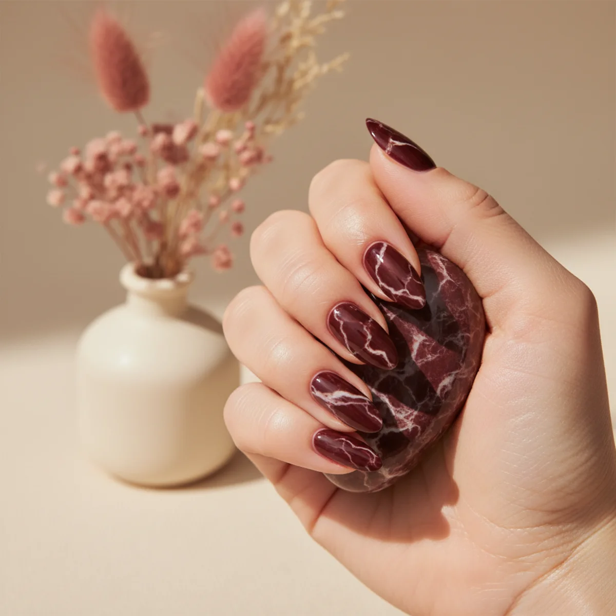 Three-Tone Burgundy Stripe — winter nail design ideas