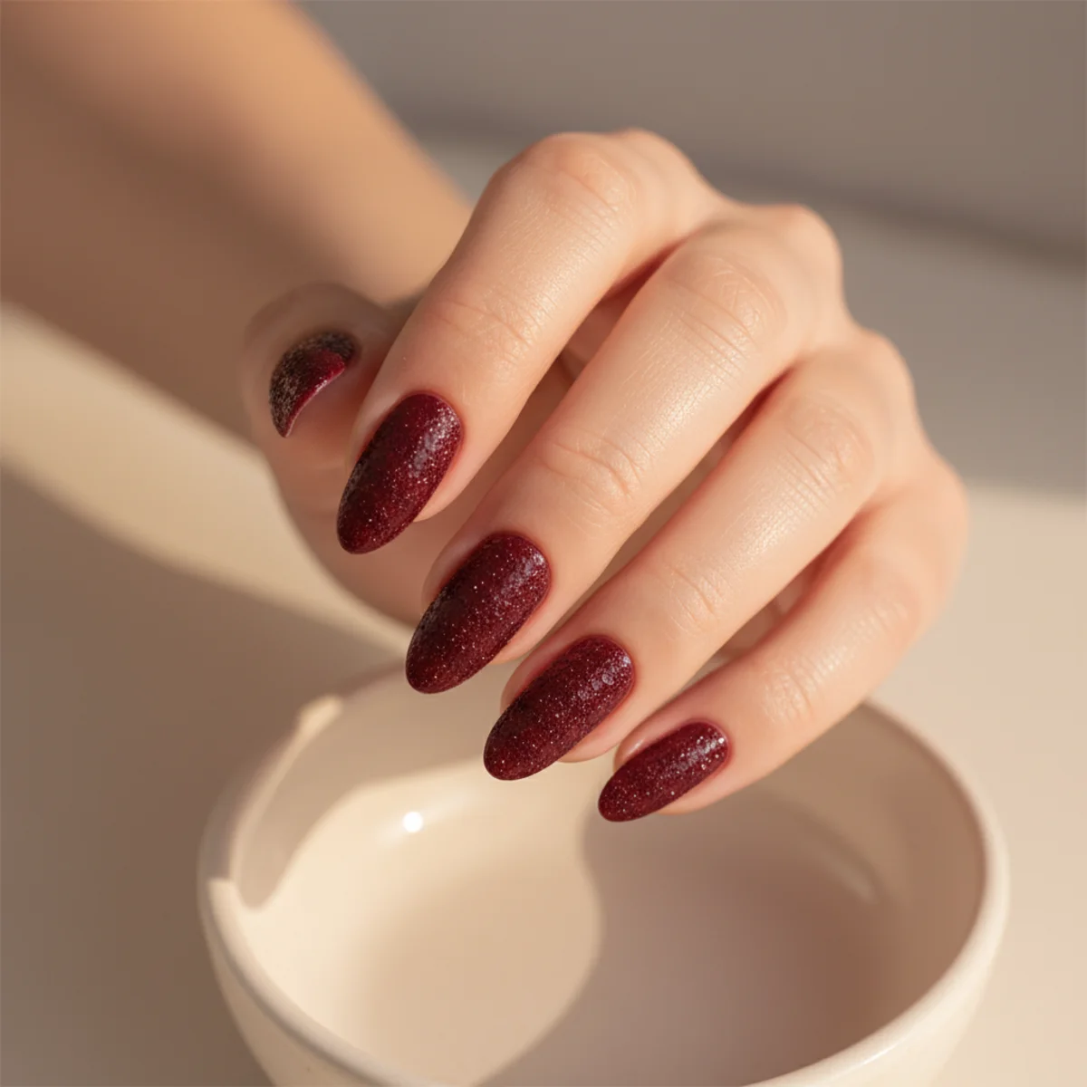 Sheer Burgundy Half-Moon — winter nail design ideas